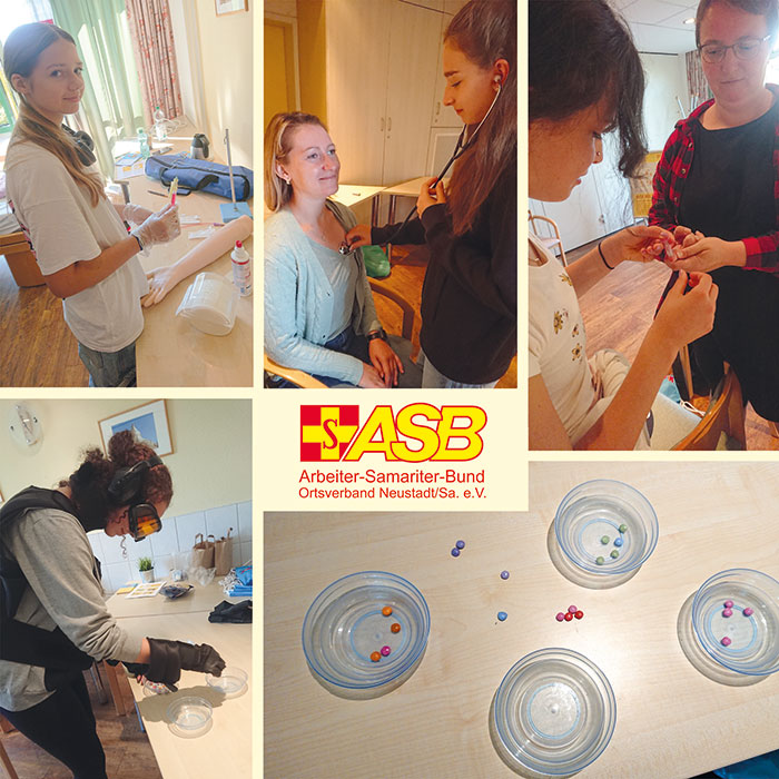 Schülerinnen und Schüler beim praktischen Einsatz an verschiedenen Stationen, Foto: ASB Schülerinnen und Schüler beim praktischen Einsatz an verschiedenen Stationen, Foto: ASB